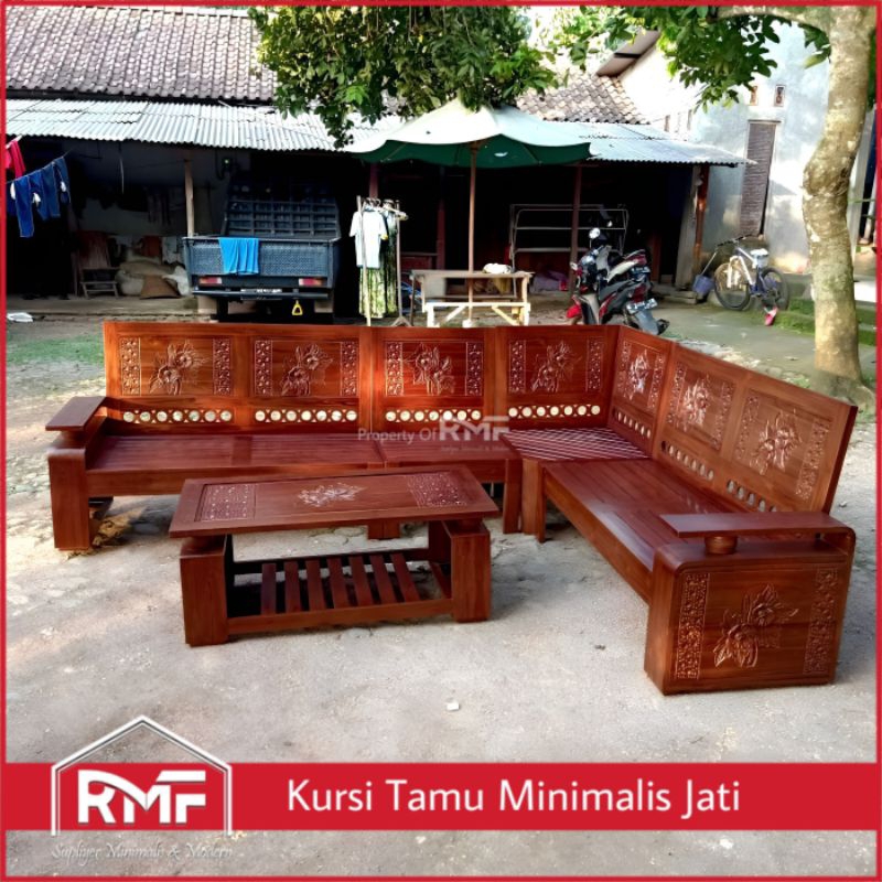 Kursi Ruang Tamu Kayu Jati Bentuk Sudut L Motif Bunga asli Jepara
