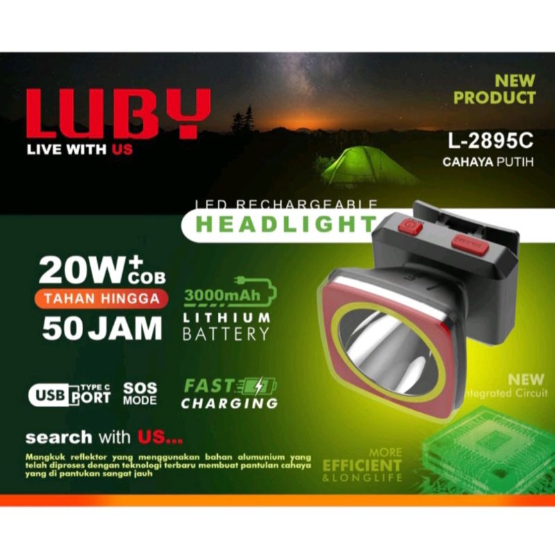 LUBY Senter Kepala L2895C 20W + COB LED Rechargeable Headlight 20 Watt Tahan Hingga 50 Jam USB Port