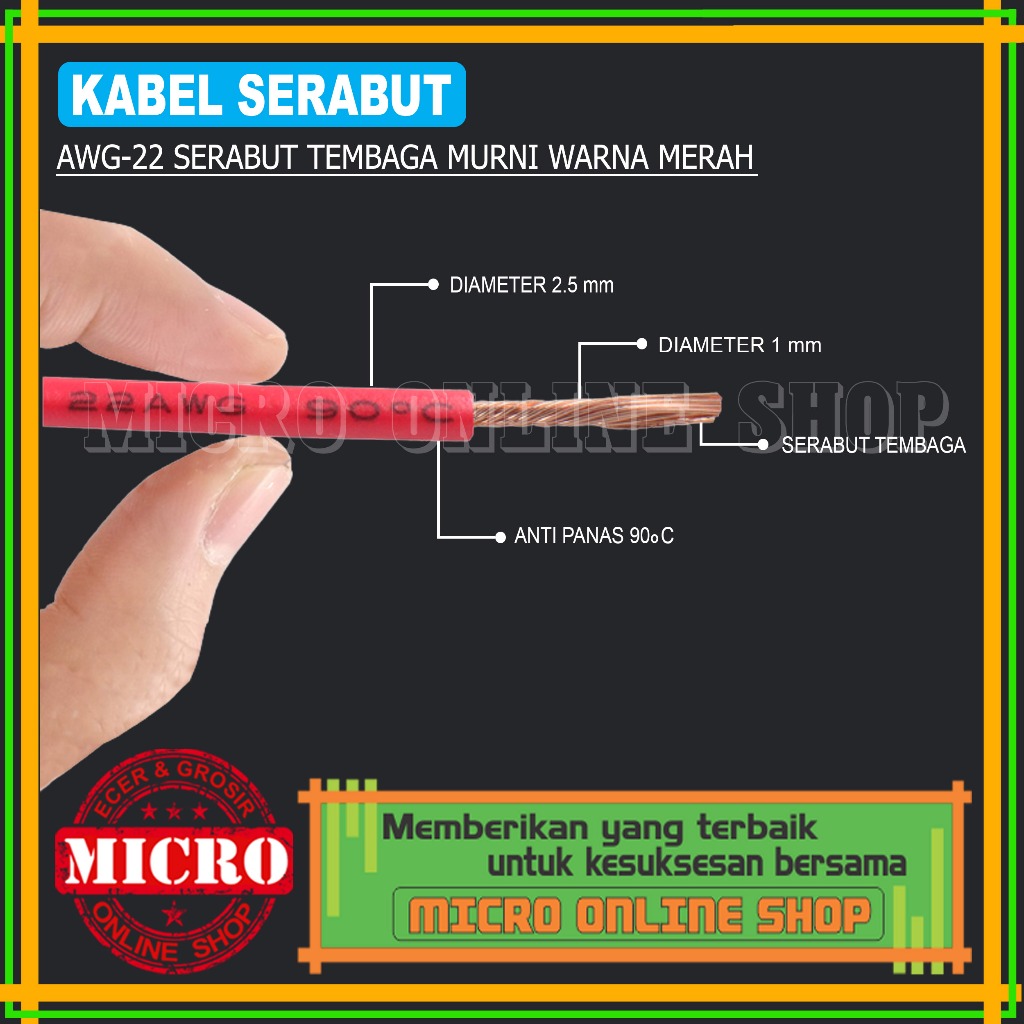 PAKET 3 METER Kabel Serabut AWG-22 Merah / Kabel Kelistrikan Motor Mobil / Kabel AWG Serabut Tembaga