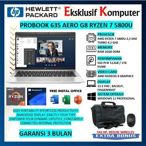 LAPTOP HP PROBOOK 635 AERO G8 AMD RYZEN 7 5800U 16GB 512GB 13.3 FHD BL FP WIN11PRO SILVER