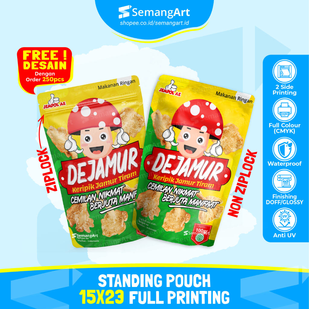 

Kemasan Standing Pouch Cetak Full Printing 15X23cm Aluminium Foil Plastik Klip Ziplock Zipper
