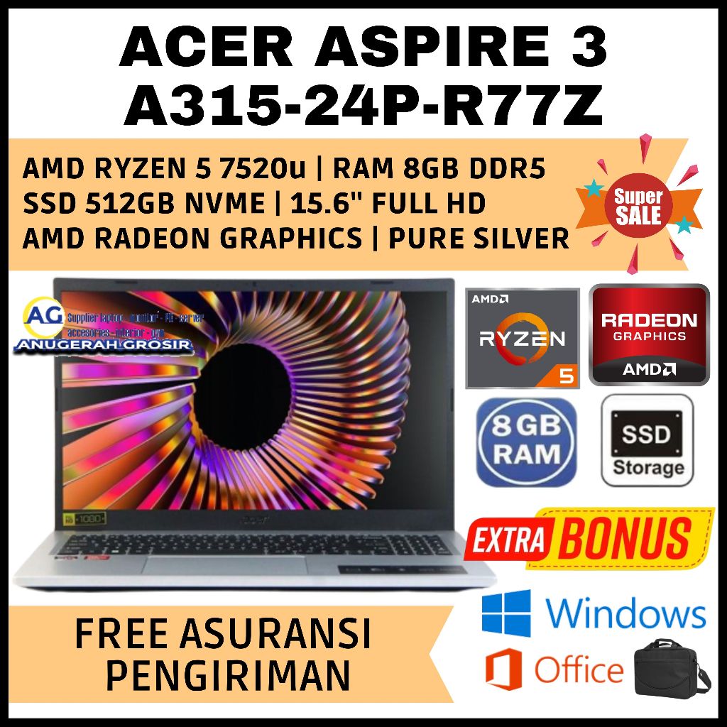 LAPTOP GAMING Acer Aspire 3 A315-24p-R77Z ryzen 5 7520U ram 8gb ssd 512gb nvme 15.6" fhd - laptop acer murah