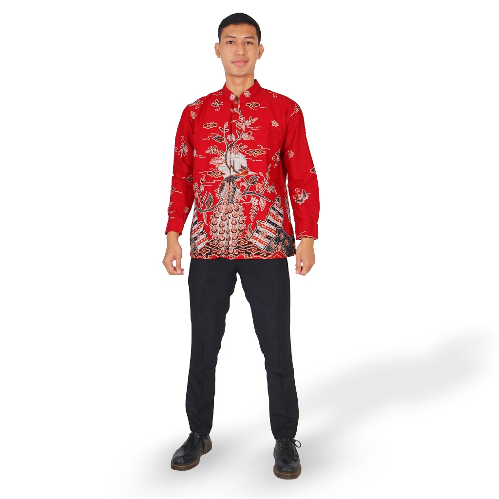 BATIK TRUSMI Kemeja Pria Lengan Panjang Batik Pria Jumbo Motif Burung Mega Mendung Mamera Premium