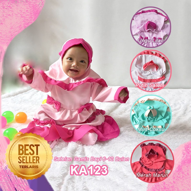 Setelan Gamis Dan Kerudung Anak Perempuan Bayi Usia 0 6 Bulan Newborn Dress Gaun Gamis Muslimah Terb