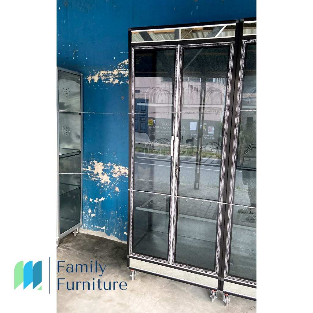 Rak Piring Black Aluminium Tempahan 2 Pintu Minimalis Kaca Hitam