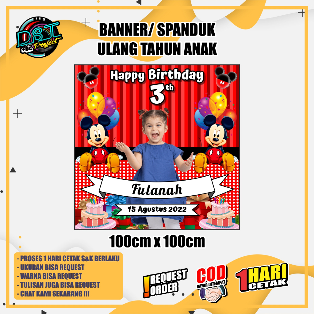 BANNER / SPANDUK ULANG TAHUN TEMA MICKEY MOUSE 100 x 100