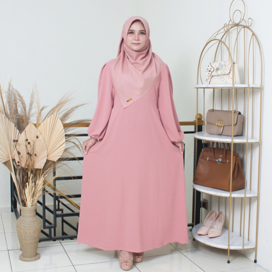 Putroelabel - Gamis Lora Premium Pink Set Hijab | Dress Casual Wanita Busui Friendly