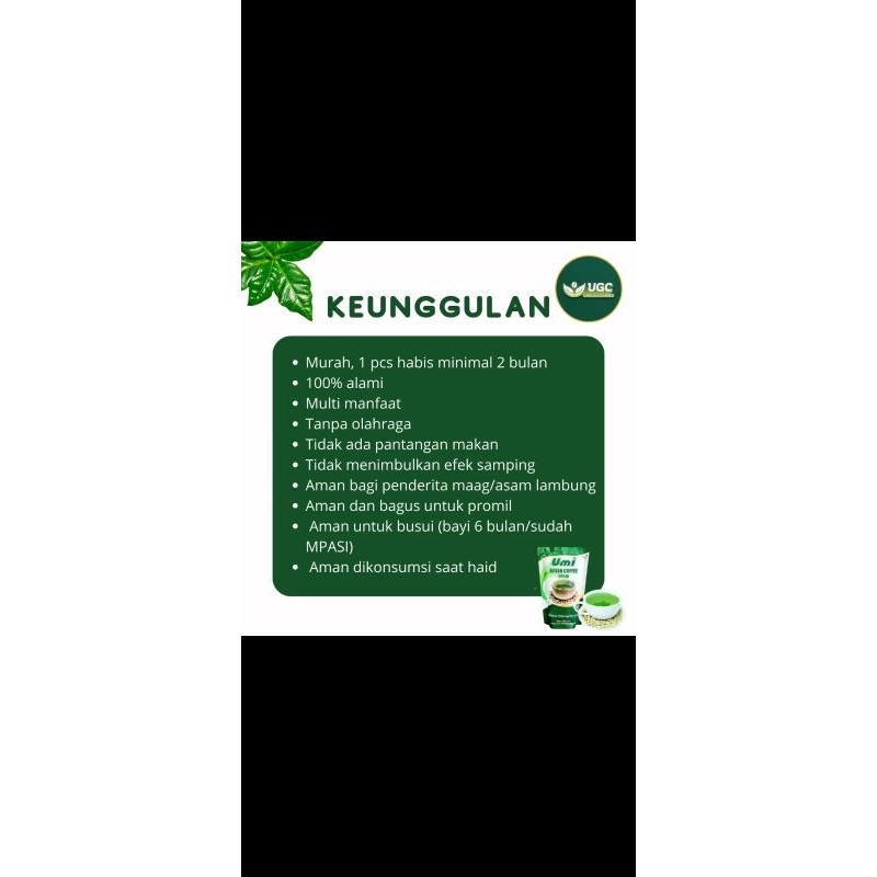 

ugc pelangsing kesehatan umi green coffee original,, oder 1 bungkus free botol minum