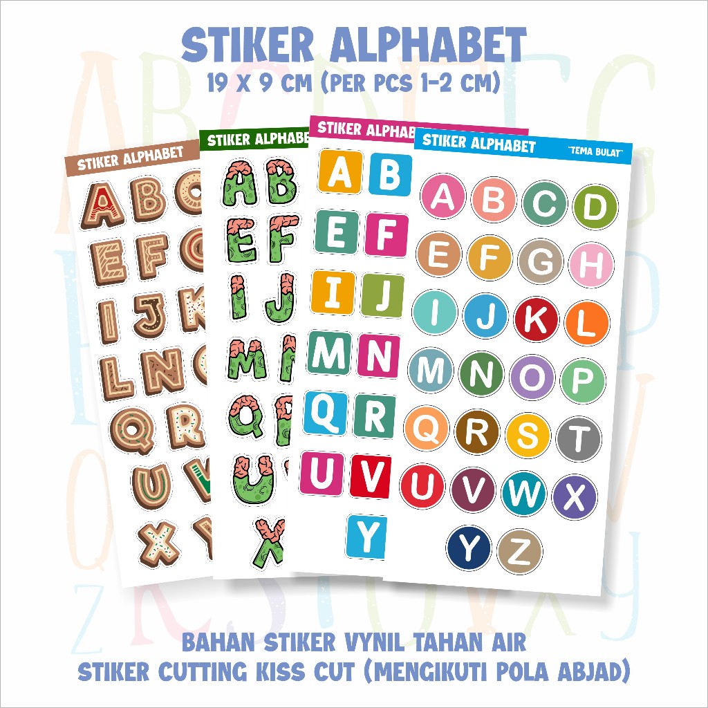 

Stiker edukasi Alfabet Lengkap A-Z, untuk belajar PAUD, TK, SD tempel di tumblr, kotak bekal, casing hp, helm dan Stiker Deco Alphabet