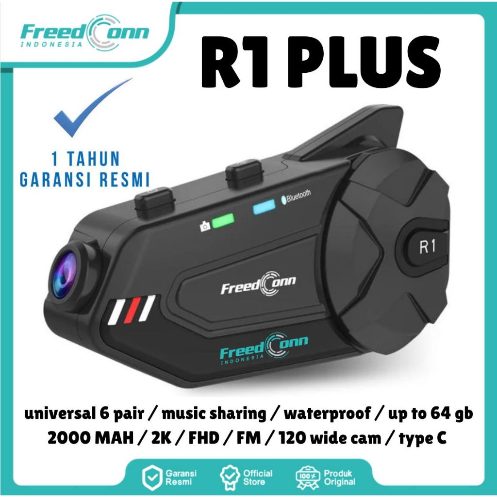 INTERCOM FREEDCONN R1 PLUS CAMERA BLUETOOTH HELM HEADSET FREEDCONN R1 PLUS FHD 120 WIDE CAM ORIGINAL