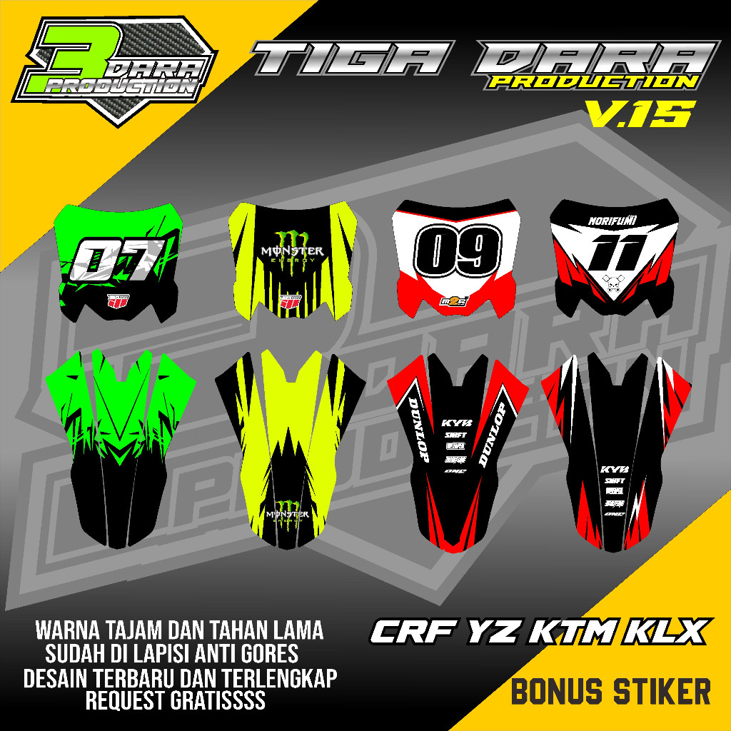 Decal stiker papan nomer dan spakbor CRF/YZ//KX/Gordon/KTM/RMZ bisa rubah nama dan nomer KODE 15