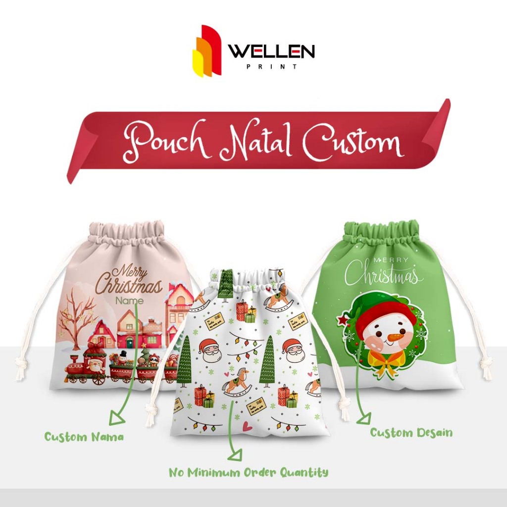 WELLEN PRINT – Cetak Pouch Serut Natal Custom / Print Drawstring Pouch Hadiah Kado Christmas Edition