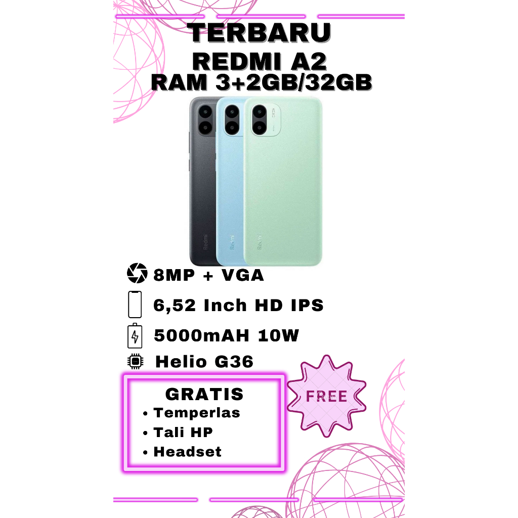 REDMI A2 RAM 5GB (3+5 EXTEND/32GB) GARANSI RESMI INDONESIA GRATIS HEADSET, TEMPERGLAS dan TALI HP