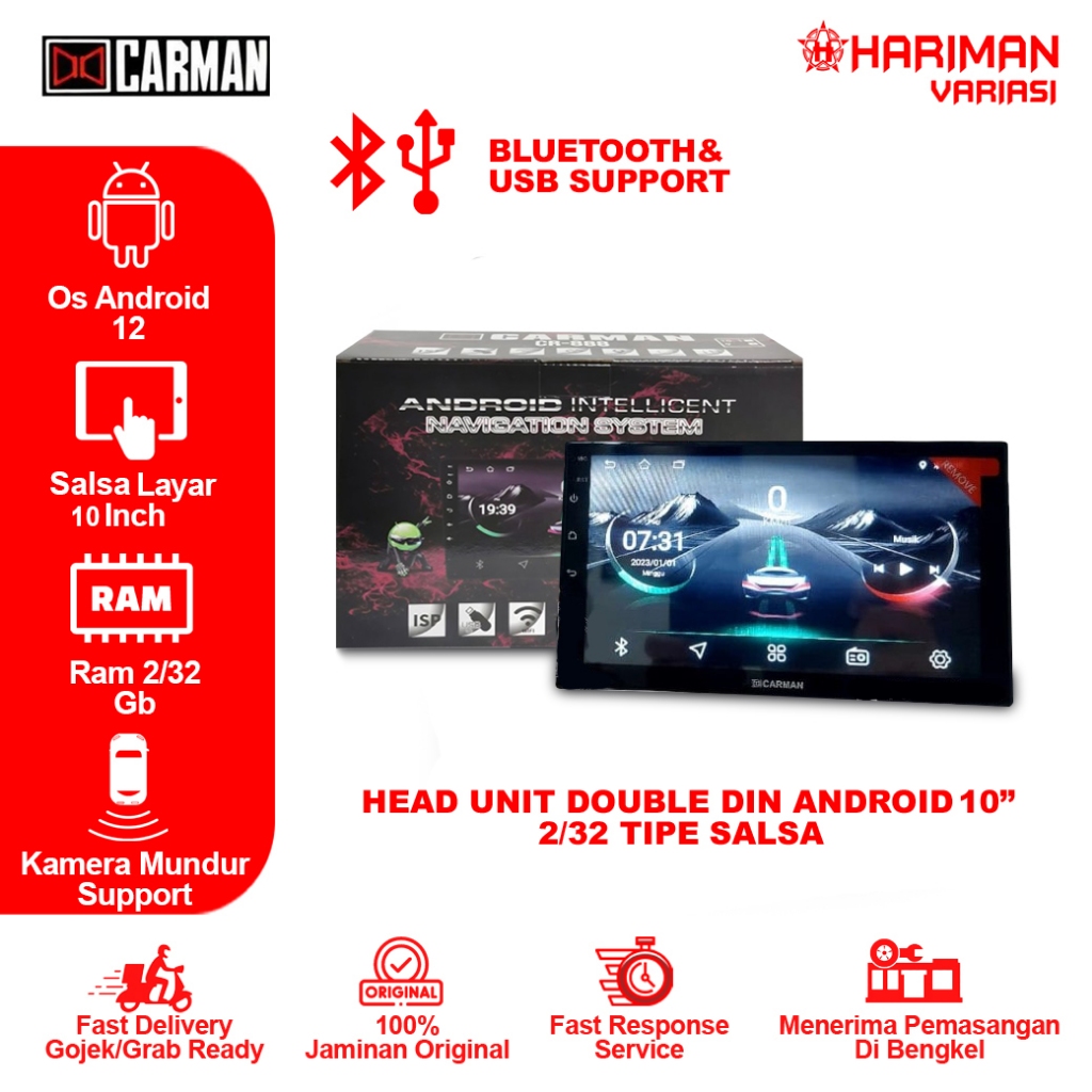 Head Unit Double Din Android Carman 10 Inch 2/32 Tipe Salsa Bluetooth