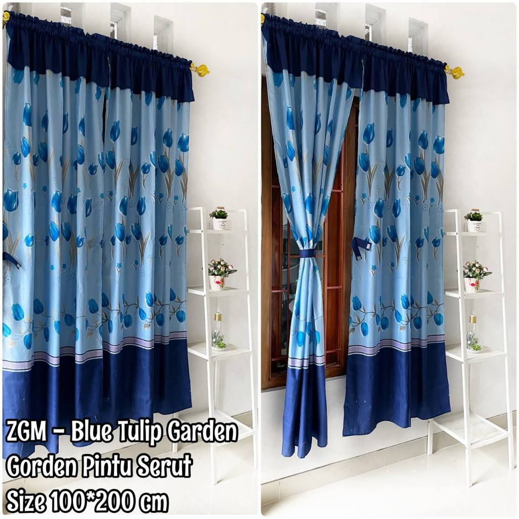 Gorden Serut Pintu Dan Jendela Paling Murah Bahan Katun Motif Bunga Blue Tulip