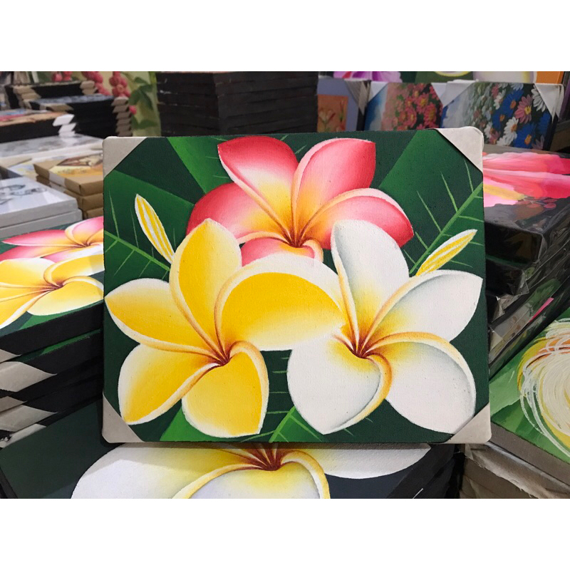 Lukisan Bunga Kamboja, Ukuran 10 R (20 x 25cm) Lukisan Kanvas, Hiasan Dinding 100% Buatan Tangan