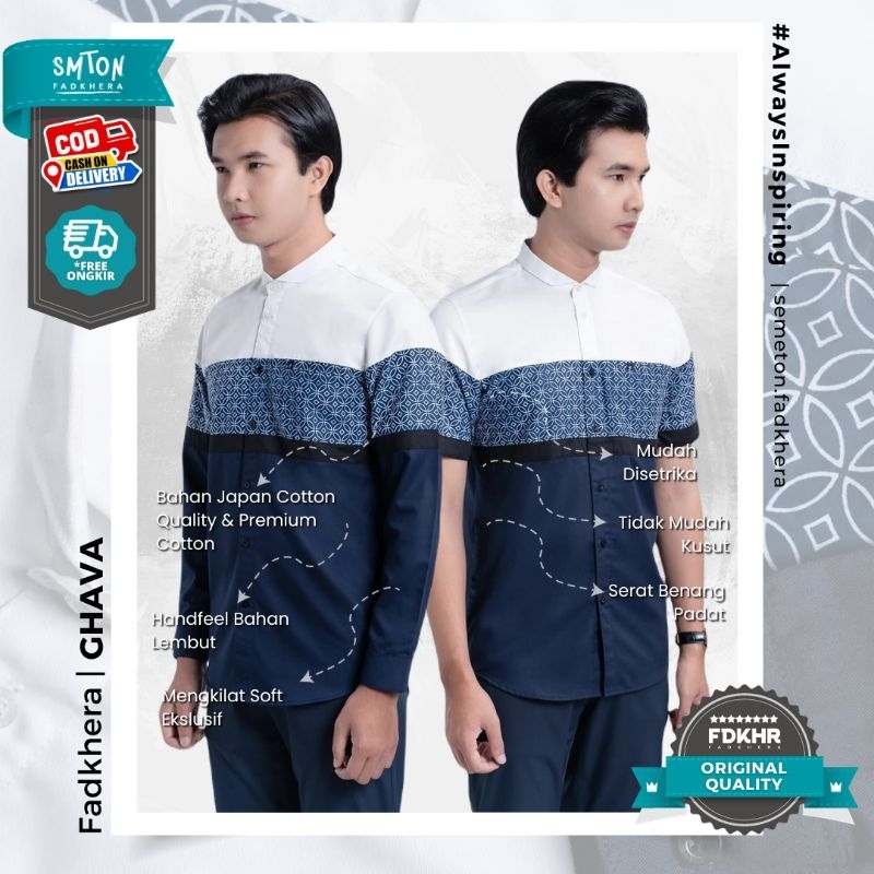 Koko Fadkhera GHAVA kemeja pria lengan panjang pendek putih navy motif