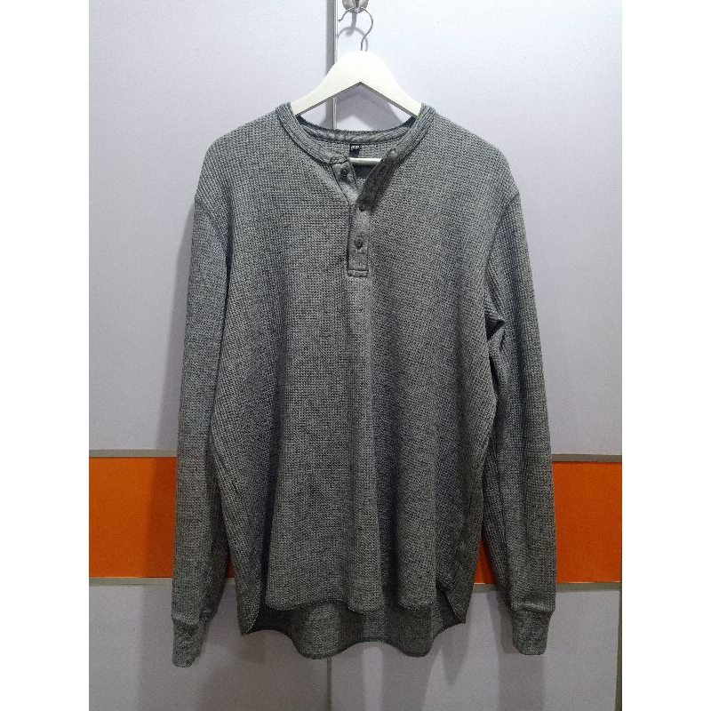 UNIQLO GREY WAFFLE KNIT HENLEY SHIRT LONG SLEEVE XL PRELOVED