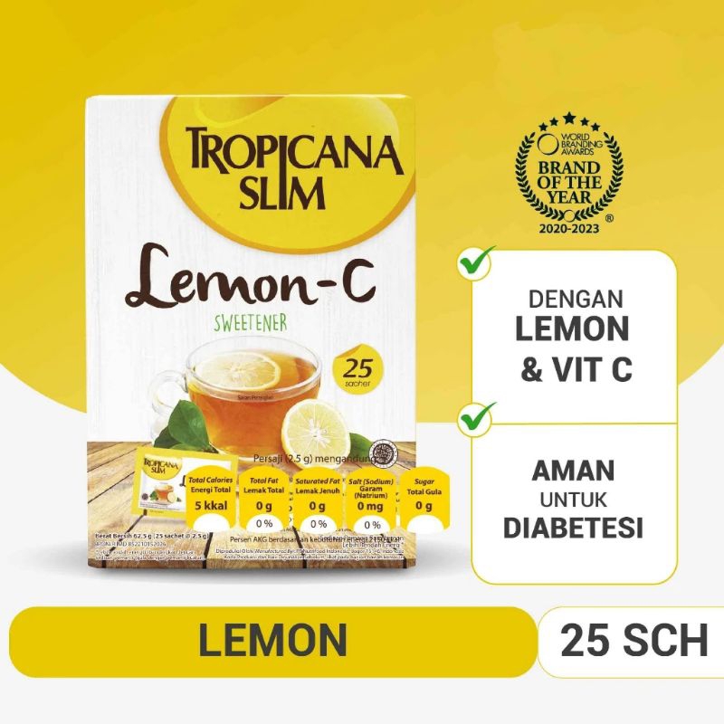

Tropicana Slim Sweetener Lemon-C (1box isi 25 Sachet @2.5gr) Gula Tropicana Lemon C Pemanis untuk Bantu Batasi Gula