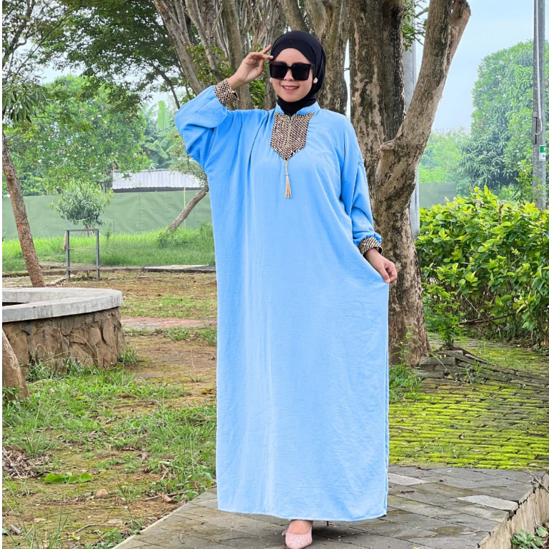 Gamis Sultan Renda Kringkle Airflow Premium Dress Kaftan Arab Polos Simple Busui Friendly Hitam-Blue Sky Kaftan