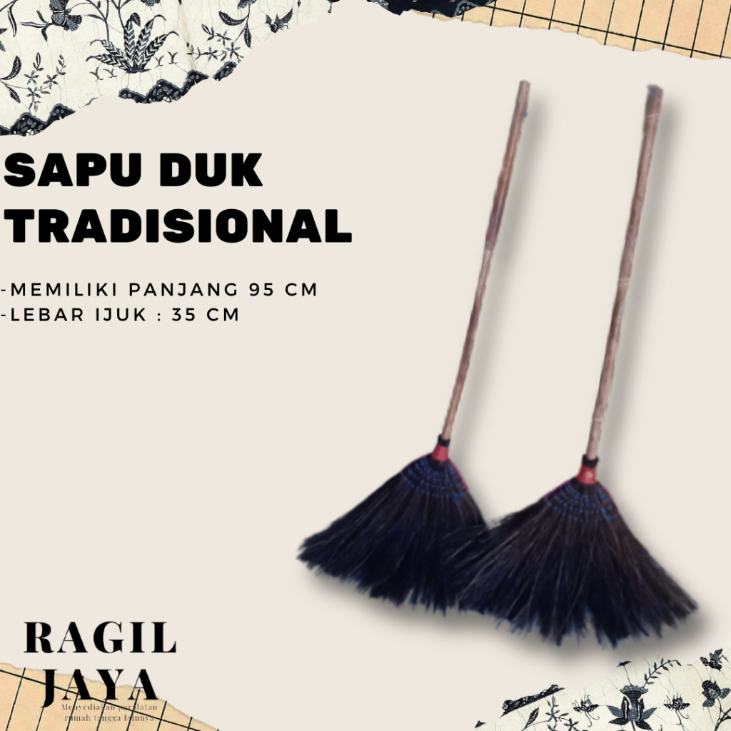 Sapu Lantai Ijuk Penjalin Tangkai Gagang Rotan / Sapu Ijuk Kipas Hitam  Murah Awet Berkualitas