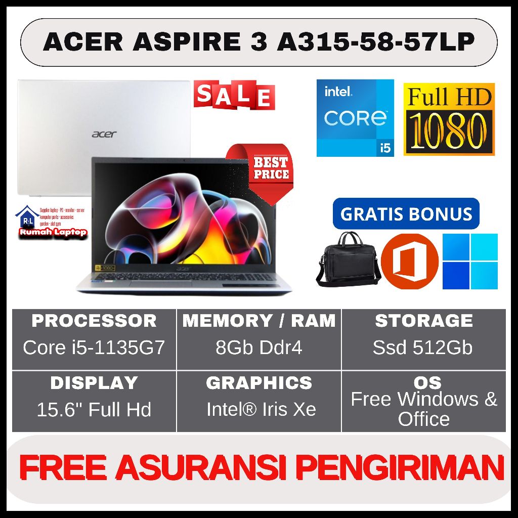 Laptop Acer Aspire 3 A315 - 57LP Core i5-1135G7 ram 8gb ssd 512bb 15.6" Fhd Silver