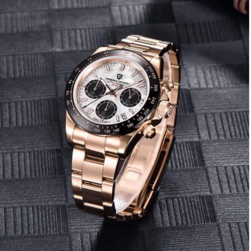 PAGANI DESIGN DAYTONA ROSEGOLD SAFIR WR 100 M CERSMIC BEZEL STEEL SOLID 316 L WR 100 M SIAP RENANG