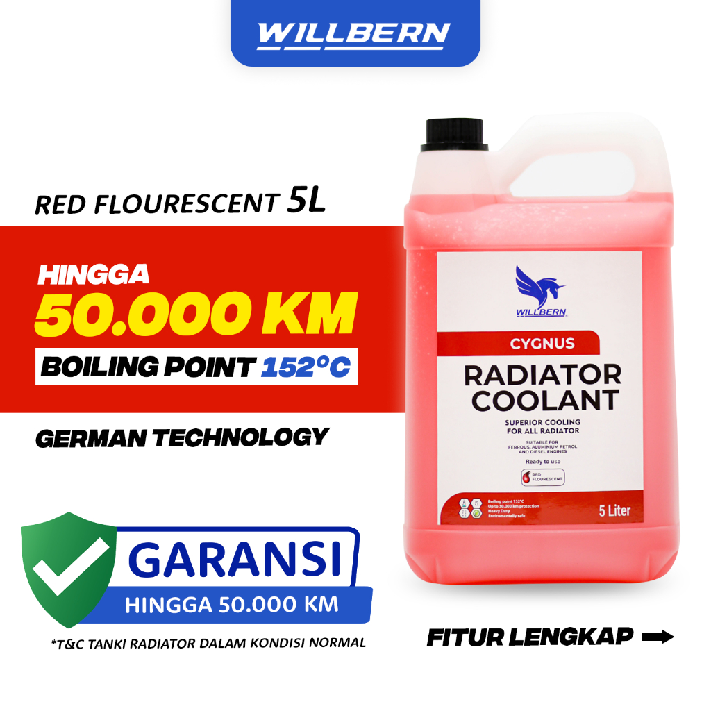 Radiator Coolant Willbern Cygnus Anti Freeze Red untuk Mobil/Motor Ready To Use Volume 5 Liter