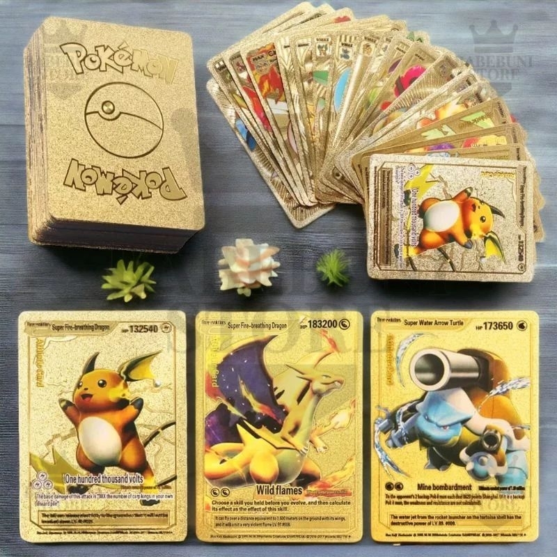 10 PCS KARTU POKEMON GOLD EMAS ORIGINAL ASLI BAHAN METAL