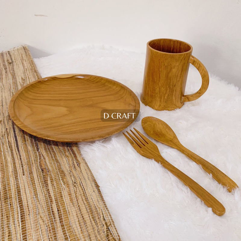 Piring Gelas Sendok Kayu Jati Set Paket