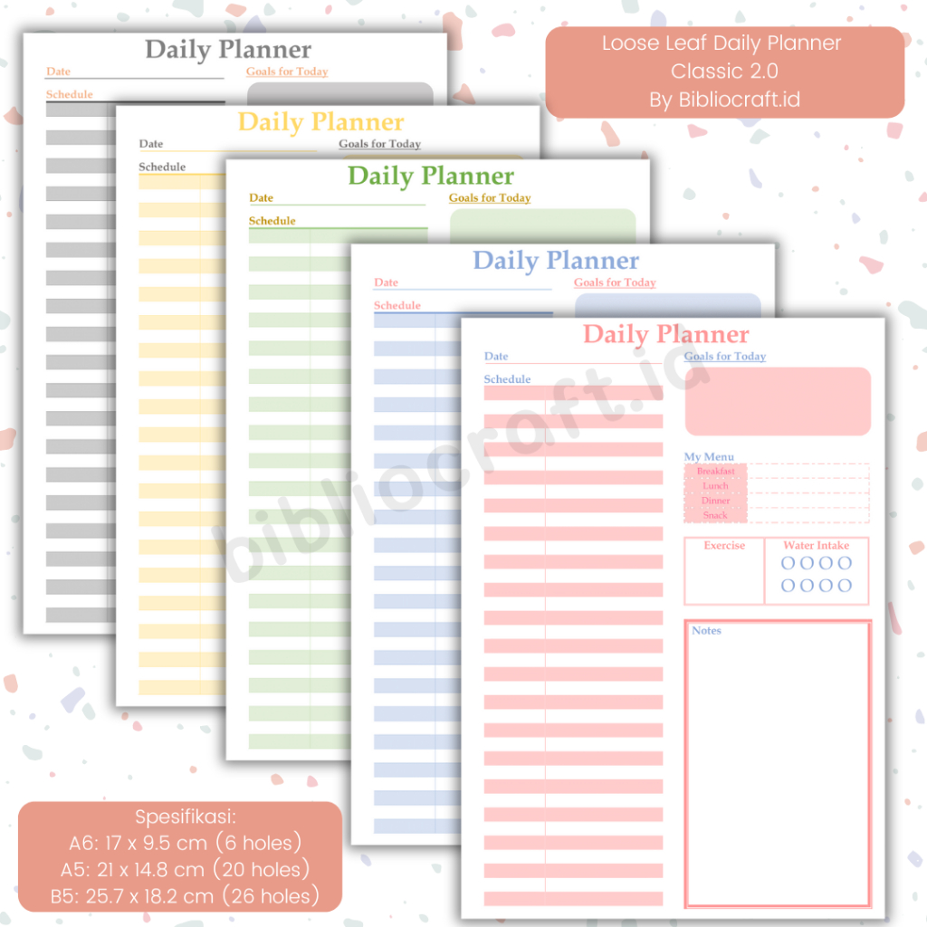 

Basic Daily Planner / Bullet Journal / Planner Harian Loose Leaf Ukuran B5, A5 & A6 26 holes | 20 holes | 20 Lubang | 6 Holes | 6 Lubang