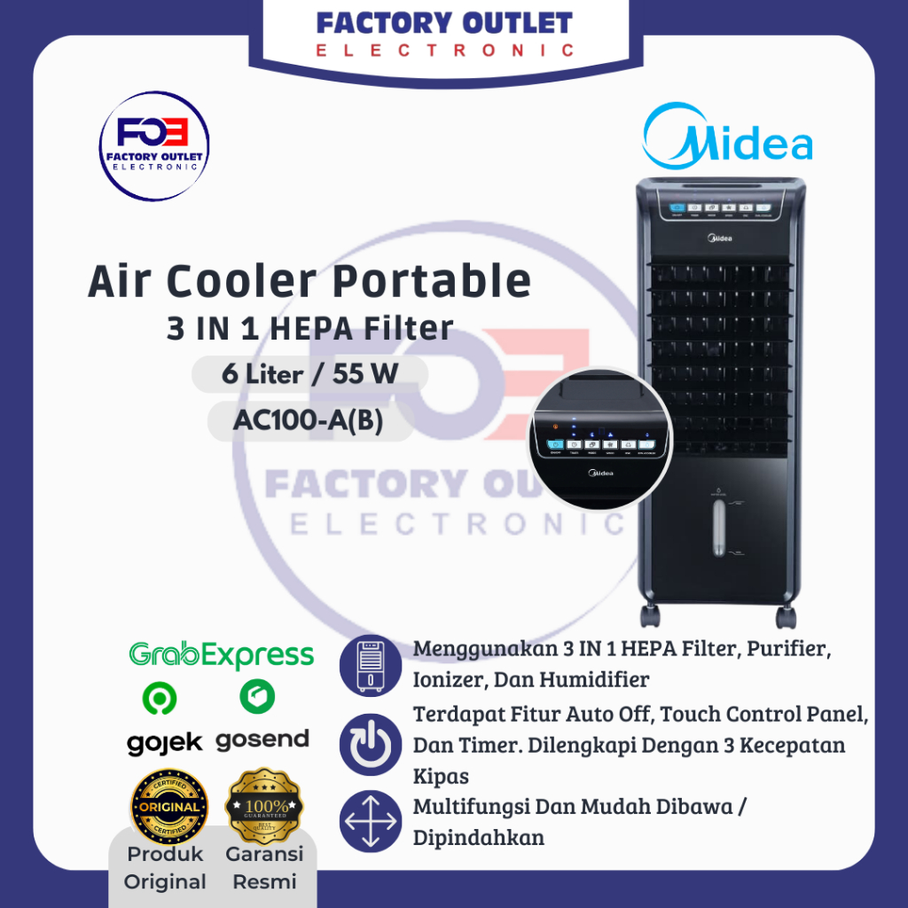 MIDEA AC100-A(B) Air Cooler Portable Standing 3 in 1 HEPA Filter 6 Liter - Black