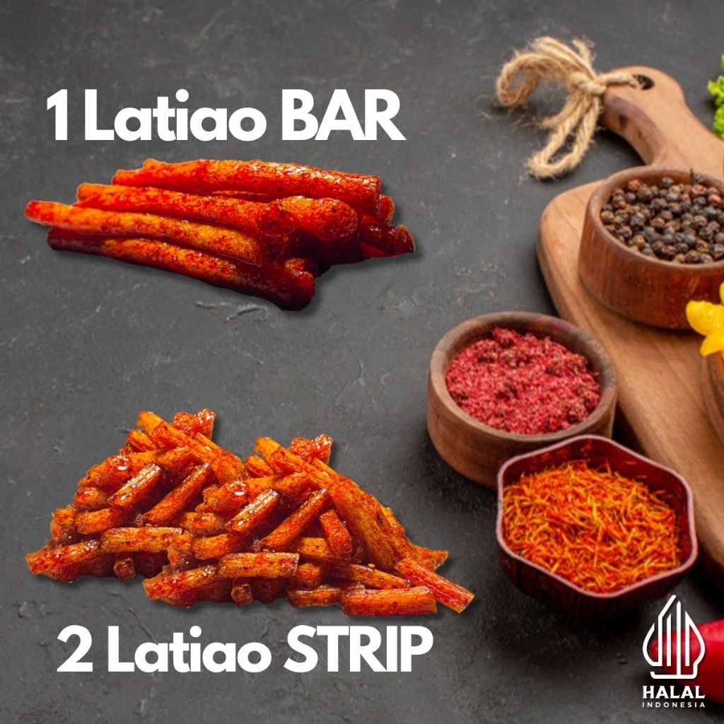 

[PAKET LATIAO] LATIAO Bar (1 Pcs) + Strip (2 Pcs) | CEMILAN SNACK VEGETARIAN GLUTEN LATIAO | PEDAS LEZAT