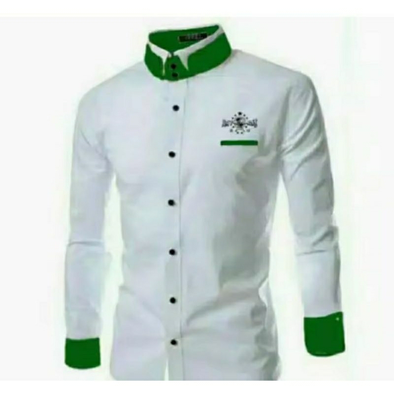 kemeja NU lengan panjang pria dewasa terbaru warna putih kombinasi hijau