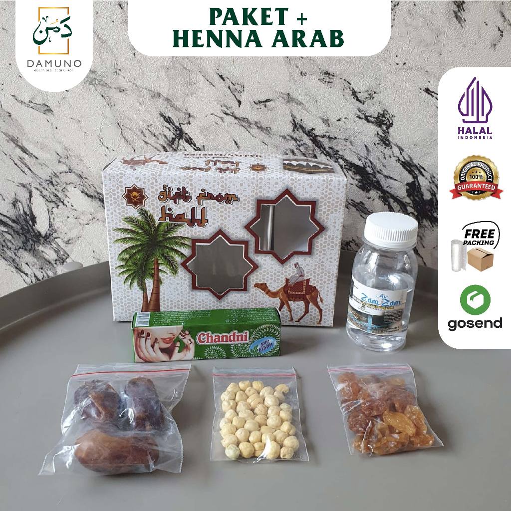 

Paket Oleh Oleh Haji dan Umroh + air zamzam+botol 80ml + kurma Khalas + Kismis golden + Henna Arab