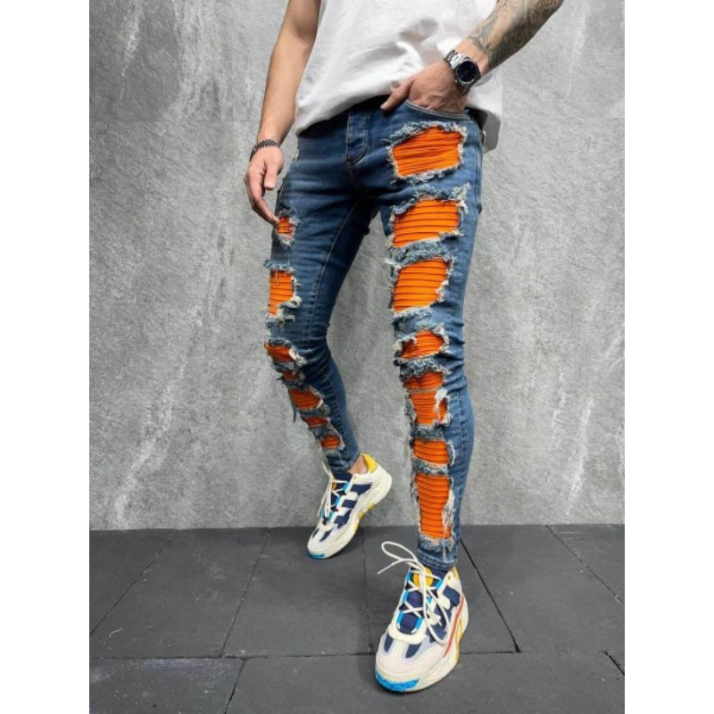 celana jeans pria sobek tambal orange biker