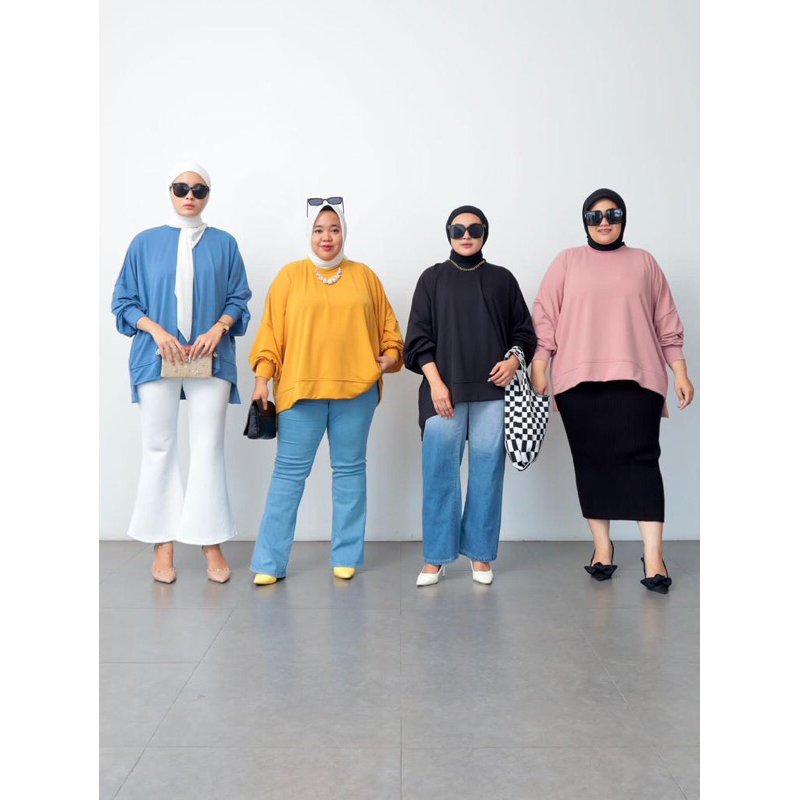 BLOUSE OVERSIZE BABYTERRY LUMINO BATWING POLOS HITAM PINK MUSTARD DENIM OBERSIZE BIGSIZE XXXL