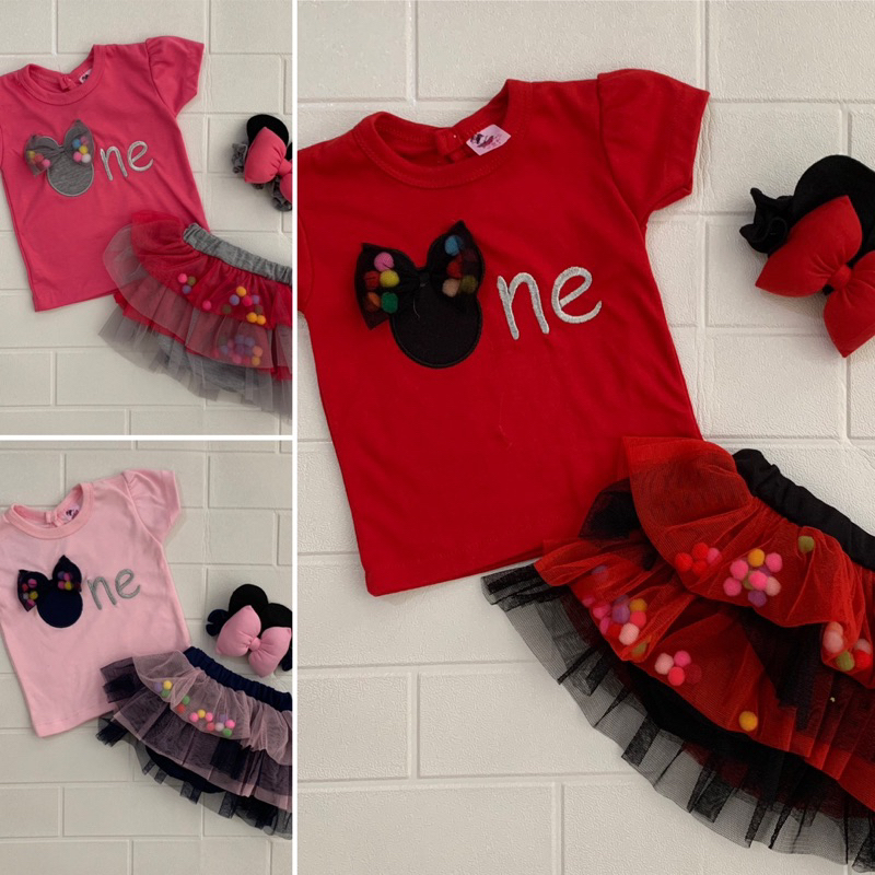Baju setelan kaos rok tutu tile tumpuk pom-pom cantik Set Fashion