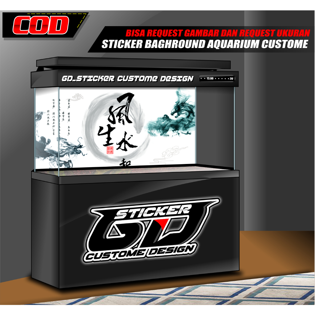 STICKER AQUARIUM / BACKGROUND AQUARIUM / WALLPAPER AQUARIUM TULISAN CINA BISA CUSTOM / REQUEST