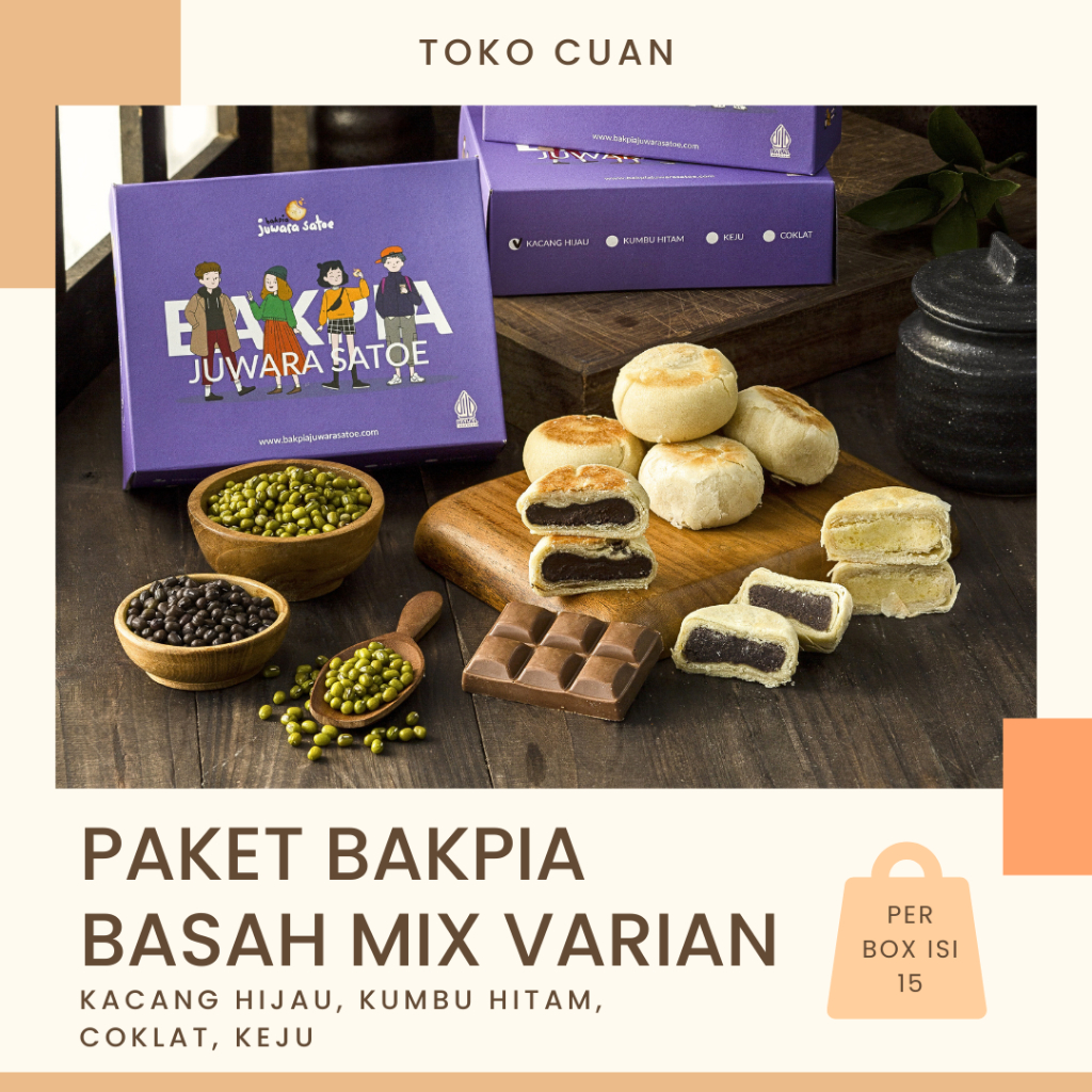 PAKET BAKPIA BASAH MIX 4 BOX JUWARA SATOE - { Original, Coklat, Kumbu hitam &amp; Keju }