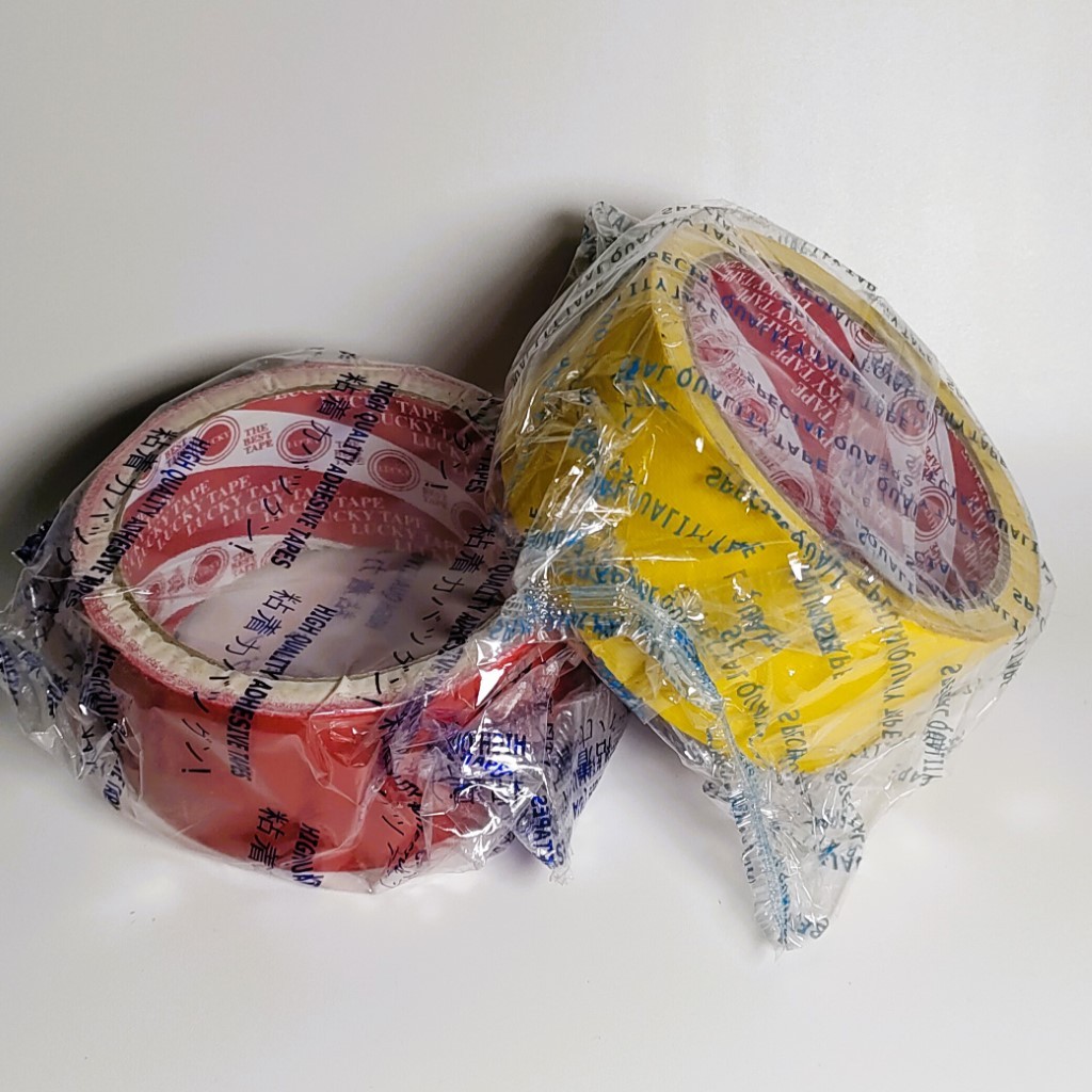 Lakban Kain Lucky Tape Merah Kuning / Plakban / Cloth Tape 2” / 2 inci / 48mm Tulisan Biru