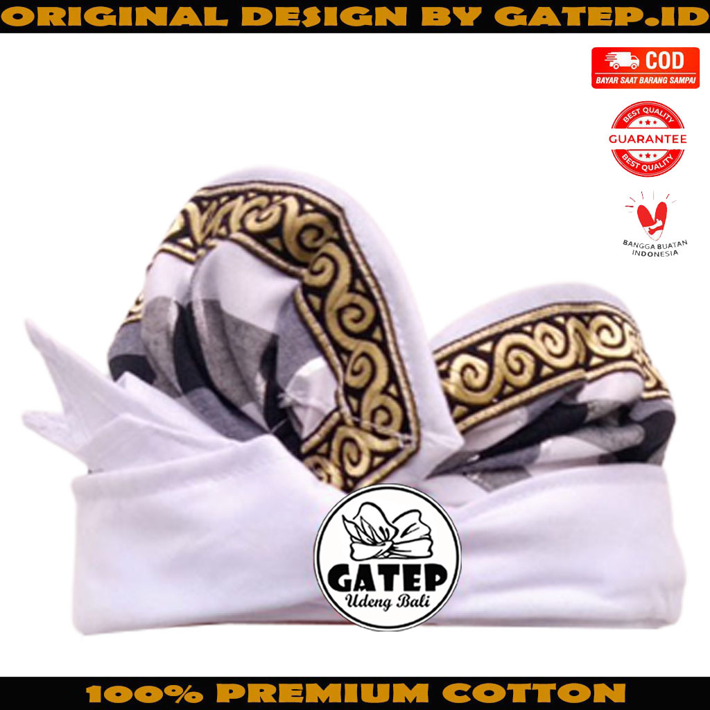 Udeng Bali Putih Polos Tepi Endek Hitam Setengah Jadi / Ikat Kepala Bali / Topi Bali / Blangkon Bali