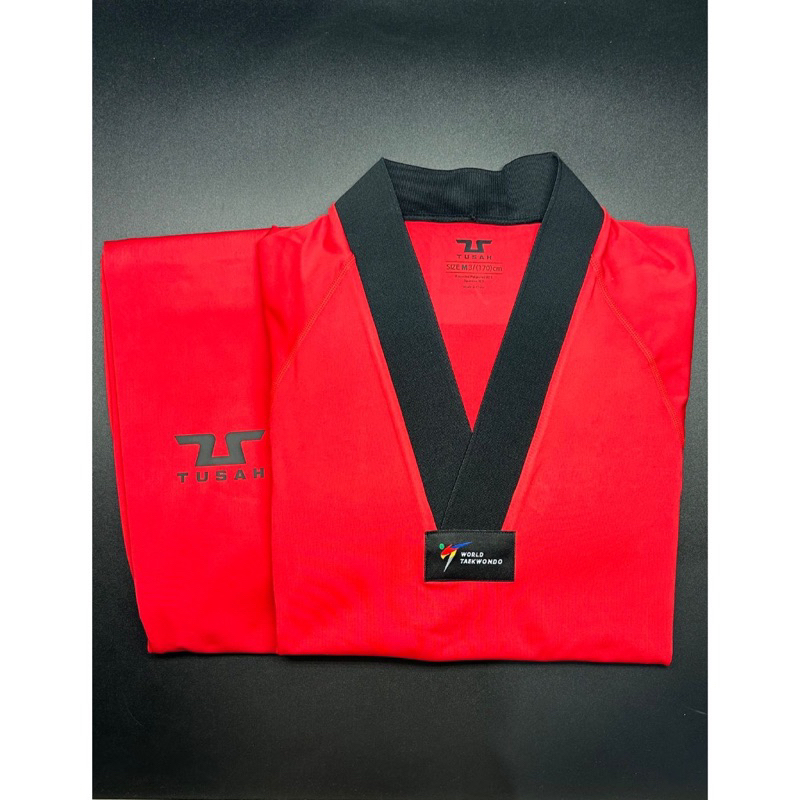 Tusah EVO UNIFORM New Taekwondo dobok WT approved size 150-200 blue red biru merah