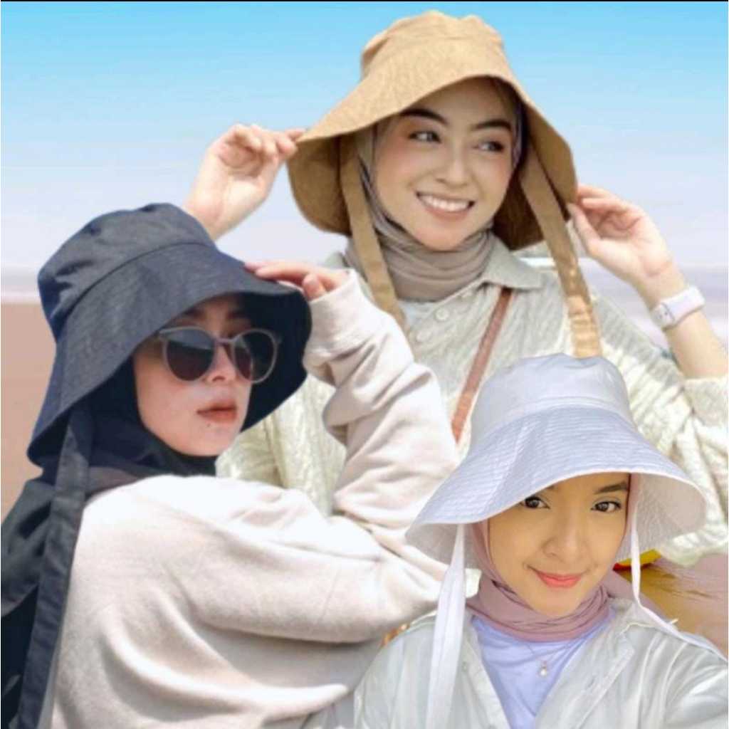 TOPI WIDE BUCKET HAT selebgram aksen tali panjang wanita pria terlaris topi pantai