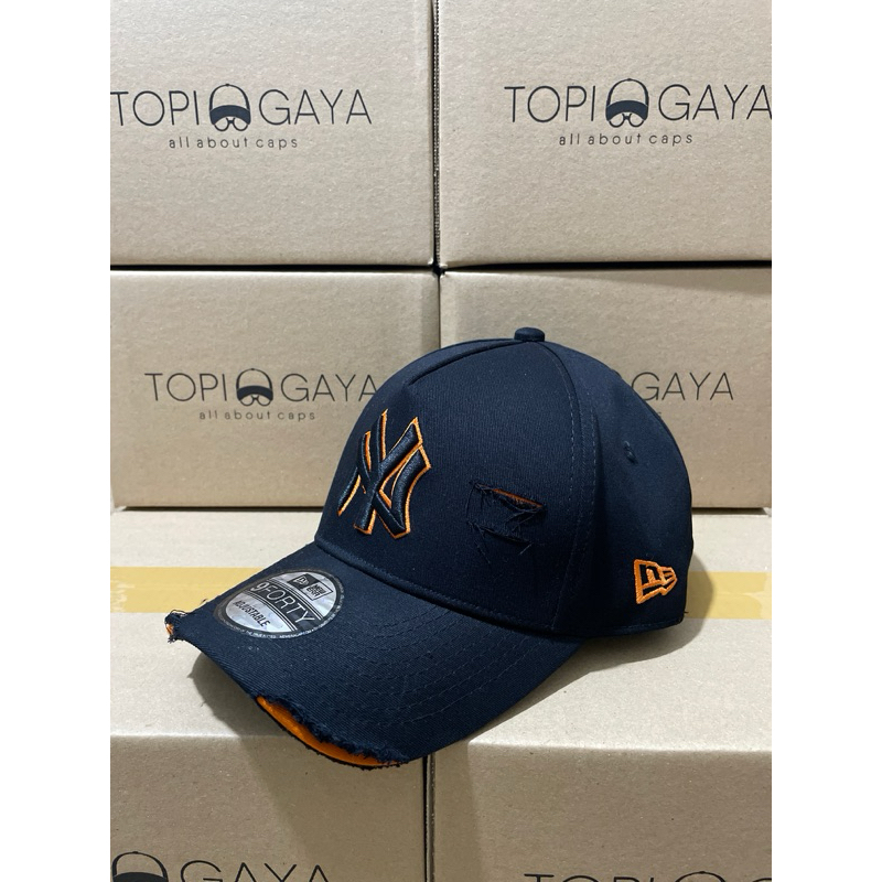 topi baseball hitam damage/sobek NY hitam outline orange