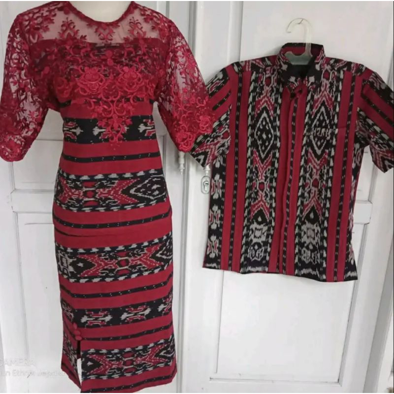SET COUPLE KEMEJA DRES TENUN KOMBINASI BROKAT, BAJU KELUARGA KEKINIAN