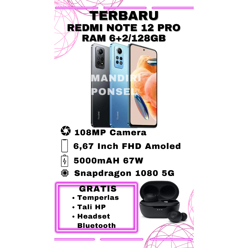 REDMI NOTE 12 PRO 4G RAM 8GB (6+2 EXTEND/128GB) GARANSI RESMI GRATIS HEADSET BUETOOTH, TEMPERGLAS da