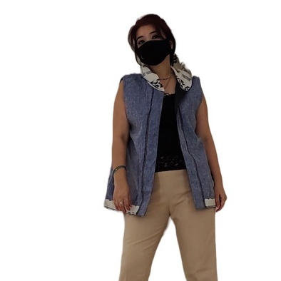 Jaket Batik Wanita Hoodie Kutung Tanpa Lengan Kombinasi Topi Linen Lurik Putih  GESYAL
