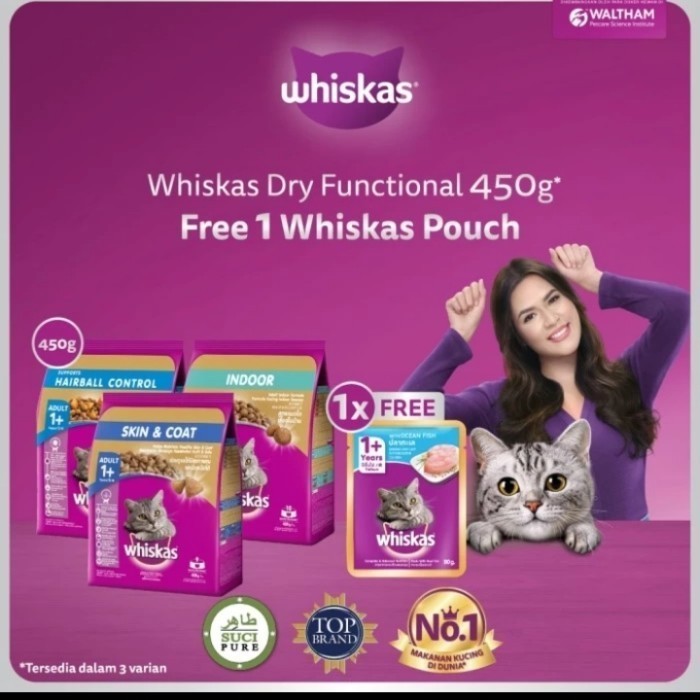 whiskas dry food functional skin coat 450gr - free 1 whiskas pouch