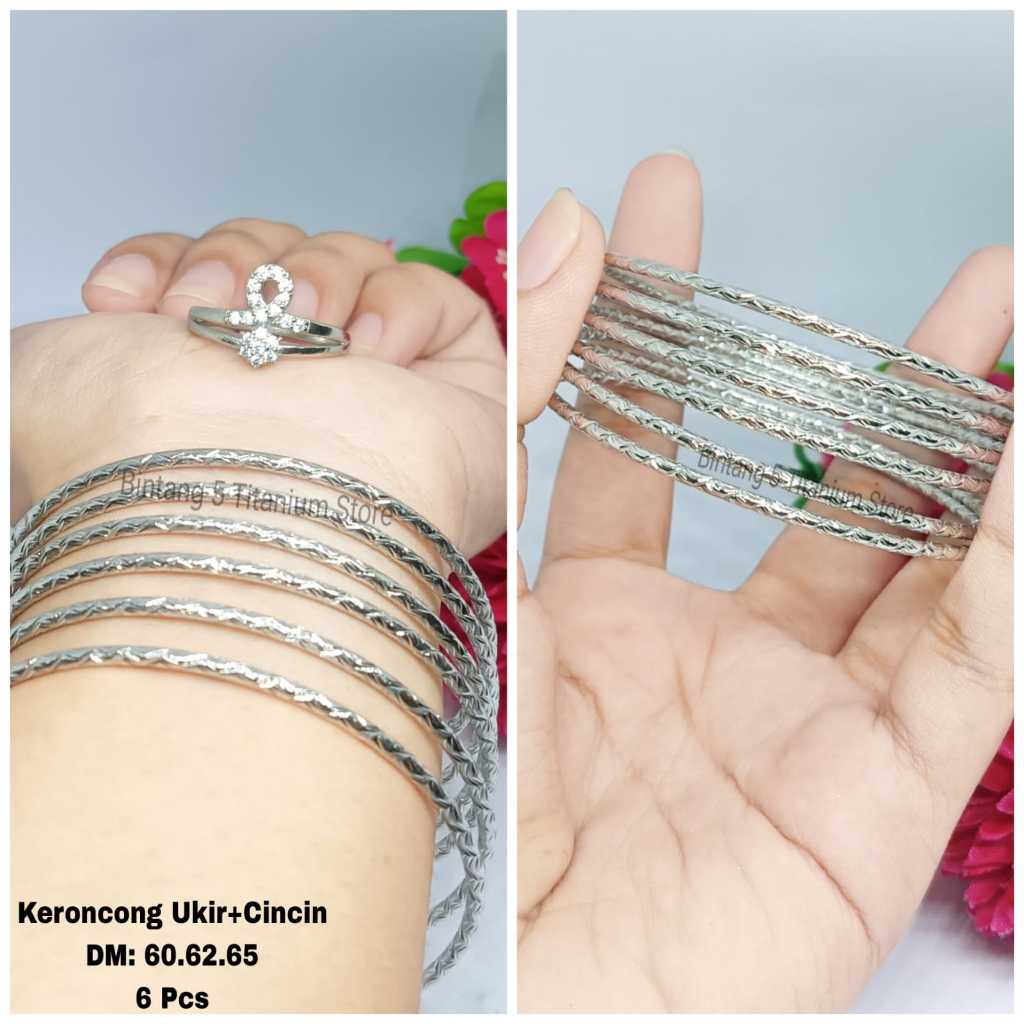 GELANG KERONCONG UKIR TITANIUM ISI 6 PCS PERHIASAN STYLE WANITA ANTI KARAT